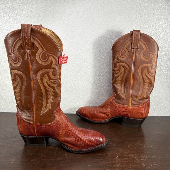 Vintage Tony Lama Men\'s 8.5 D Brown Leather Exotic Teju Lizard Skin Boots 8540
